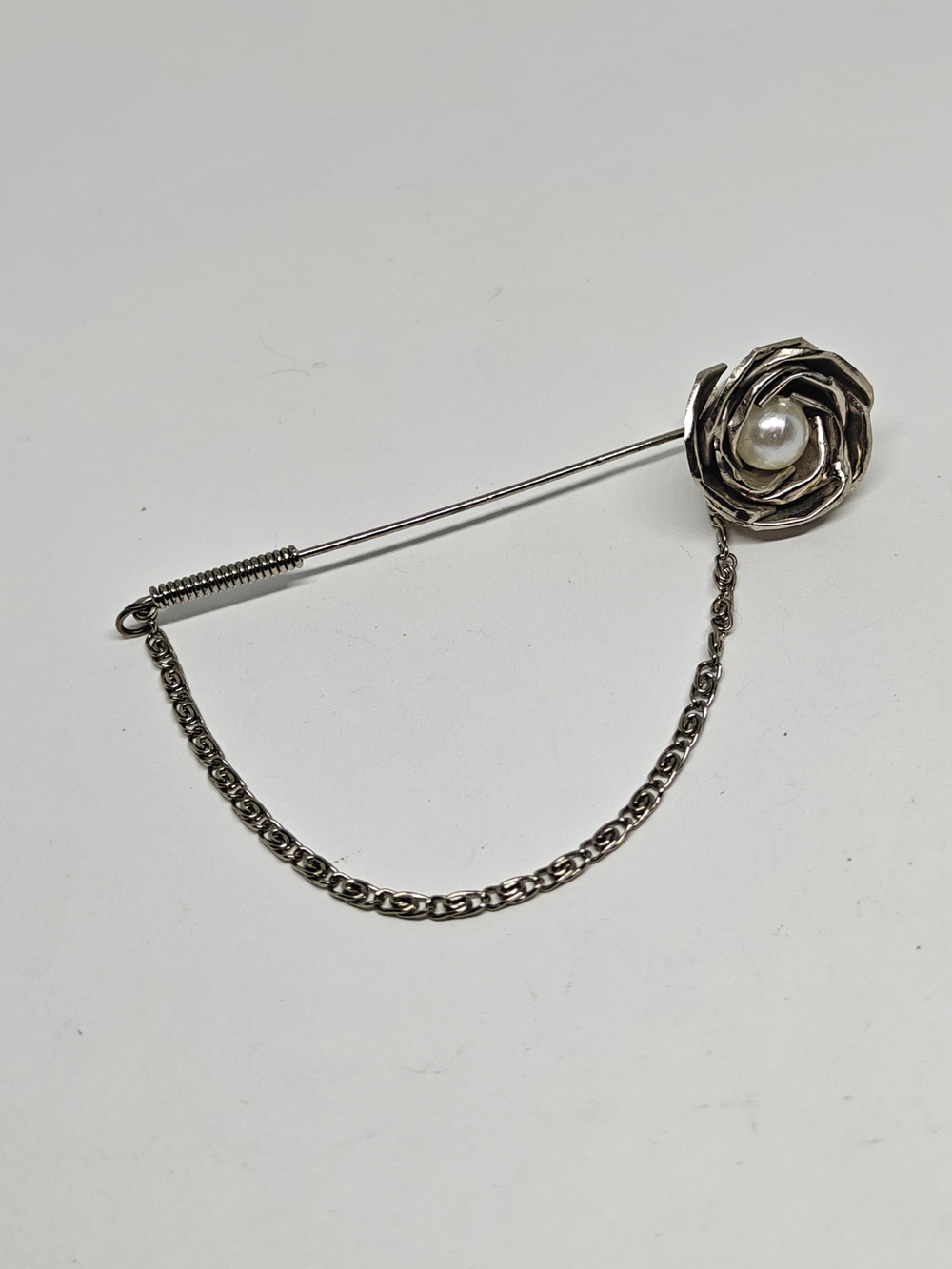 Silver Rose Pearl Stick Pin Brooch with Chain